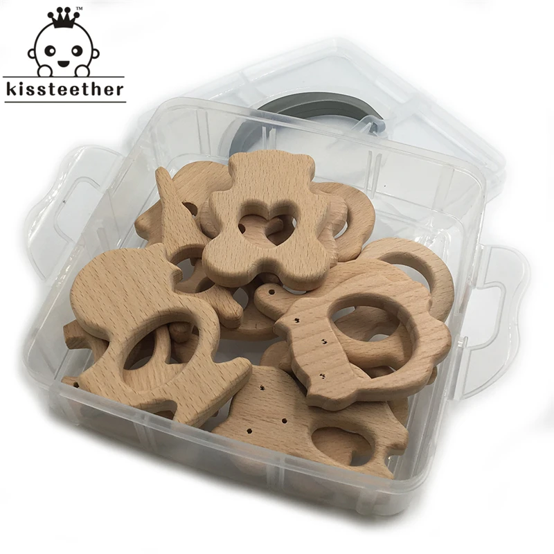 

DIY Nursing Jewelry Package 14pcs Organic Natural Beech Wooden Toy Hand Cut Animal Baby Wooden Teether Baby Teether Toys Set