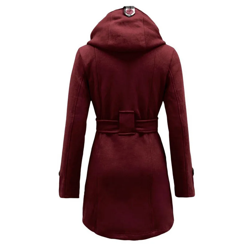 Женское двубортное пальто длинное в клетку с поясом и капюшоном из искусственной