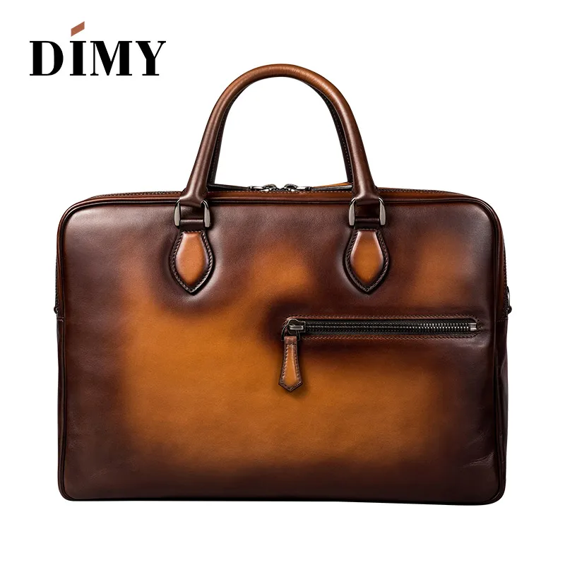 DIMY Hand Patina Vintage Briefcase Genuine Cow Leather Shoulder Bag Double Zipper Laptop Bags Business Case Travel Bag For Men