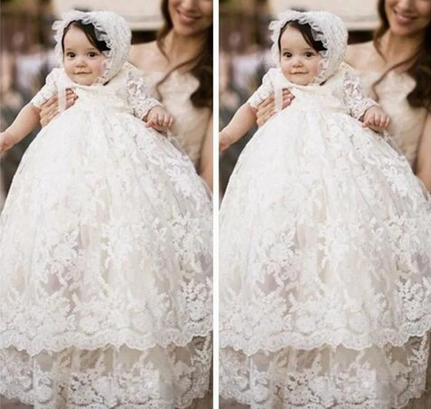 

Vintage Kids Two Layer of Lace Christening Dress For Baby Half Sleeve Baptism Gown First Communion Dresses with Hat