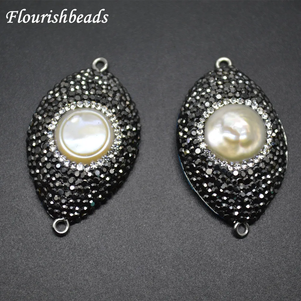 

Two Loops Natural White Fresh Water Pearl Eye Shape Jewelry connectors Paved Black Crystal Fashion Jewelry Accessories