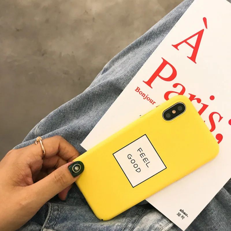 POBLU Cool English Letter Feel Good Phone Case For iphone X Lovely Yellow Hard PC Cover Cartoon Shell 6 6S 7 8 Plus |