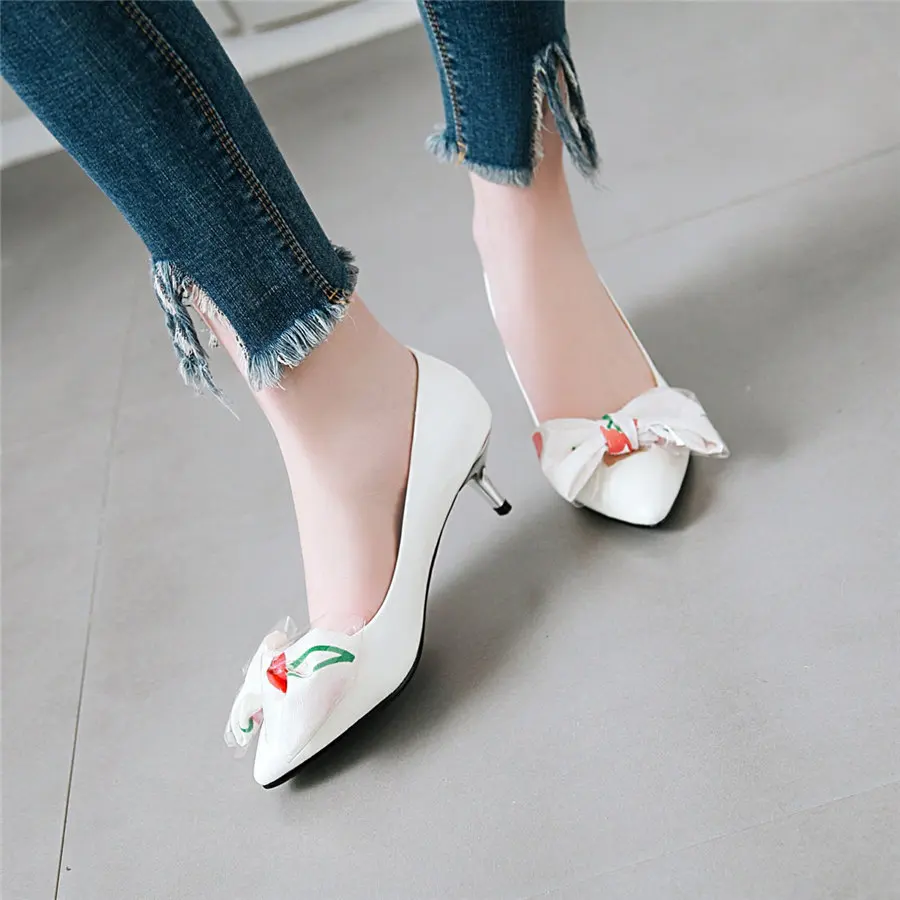 Милые женские туфли-лодочки с бантиком туфли на высоком каблуке «рюмочка» из лакированной кожи белого и синего цвета с острым носком для свадебной вечеринки без шнуровки размер 43 - Цвет: White