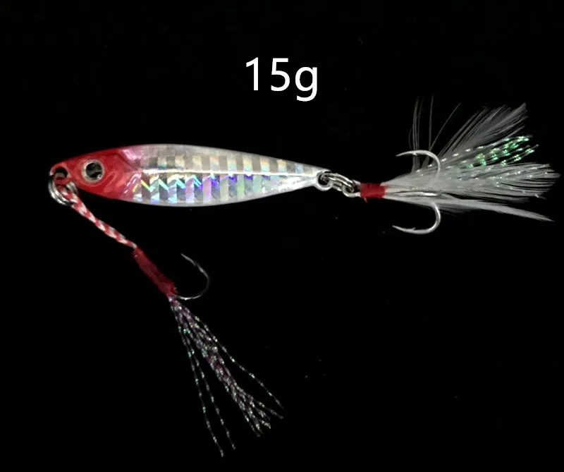 15g Red Head Silver Рыболовные маленькие Джиги, приманка с двойными крючками, Shore Shot, медленная встряхивание, 10-60 г, джигбейты, искусственные металлические приманки с тройными крючками с перьями - Цвет: 15g Red Head Silver