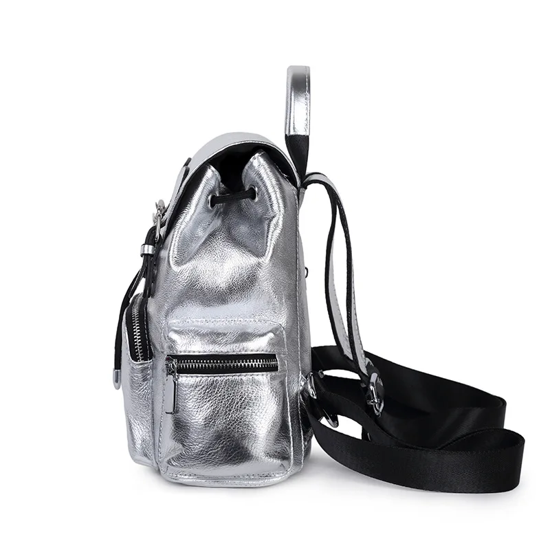 

2018 New in women genuine leather women silver backpack school bag
