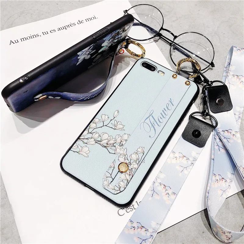 LUXURY Case Skin FOR APPLE IPHONE X 7 8 PLUS 6 6S FLOWERS CASES SOFT TPU COVERS WITH WRISTBAND KICKSTAND FUNDA CAPA COQUE | Мобильные