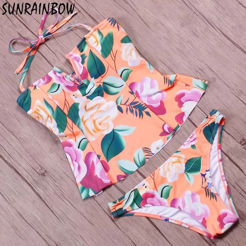SUNRAINBOW 2019 New Printed Floral Swimsuit Women Swimwear Two Pieces Bikini Summer Halter Top Vintage Tankini Bathing Suit Swim |