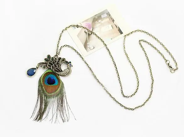New Hot Long Vintage Jewelry Ancient Brown Peacock Feather Bohemia Necklace Statement Necklaces Retro Collares Mujer For Women | Украшения