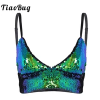 tiaobug fashion women green dazzling sequined wire free removable pad bra top club rave sexy pole dance clothing stage dancewear