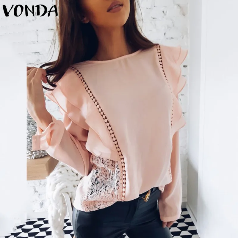 VONDA 2019 Для женщин Caual с длинным рукавом круглым вырезом Осенние блузки кружева