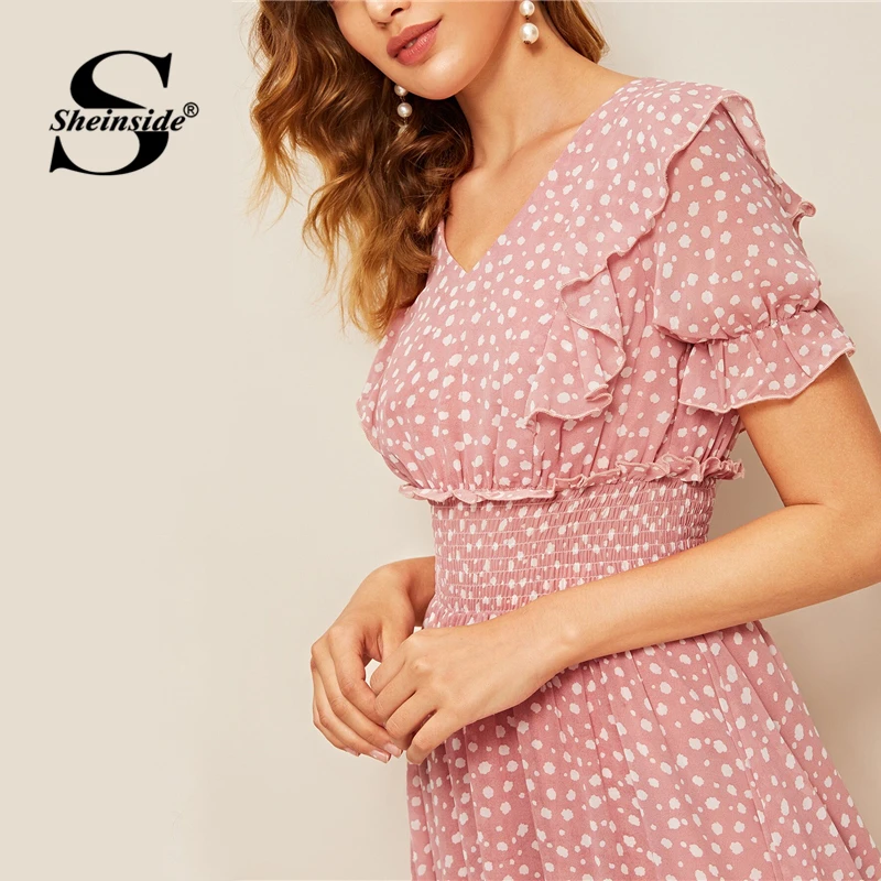 Sheinside Boho платье с v-образным вырезом и цветочным принтом для женщин, лето, рукав-волан, высокая талия, трапециевидные платья, женское платье миди в стиле бохо