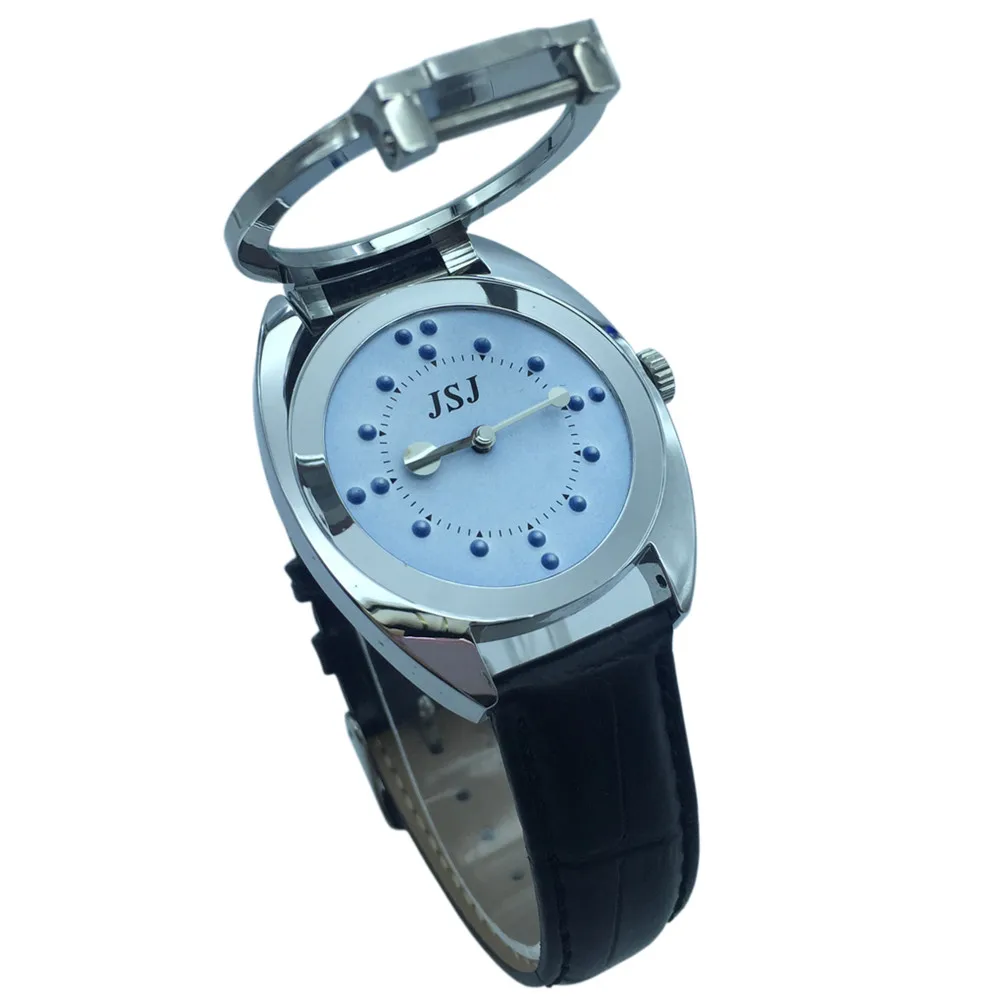 Тактильные наручные часы с синим циферблатом и кожаным ремешком