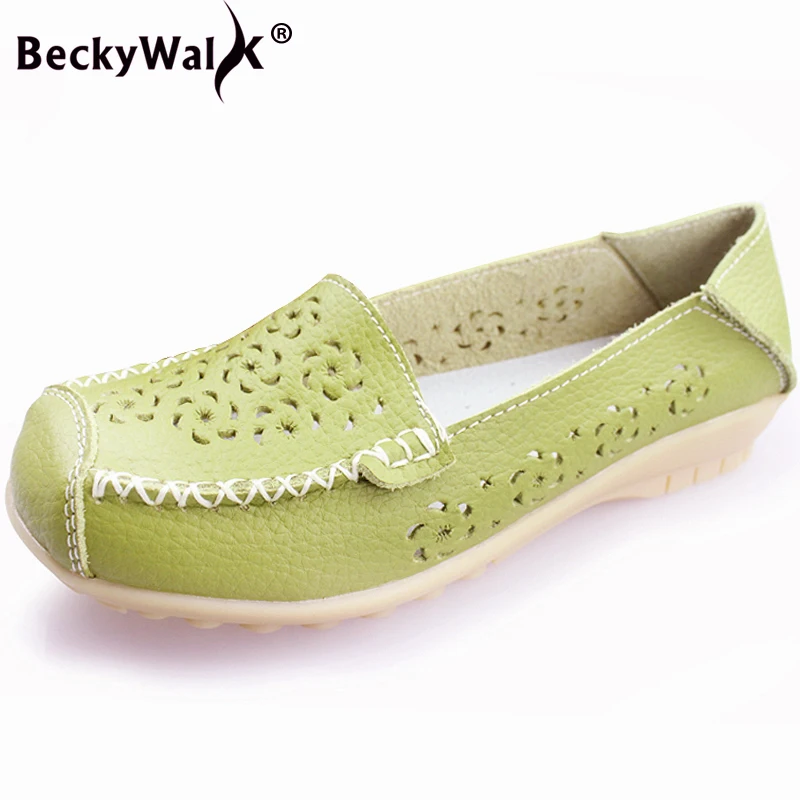 BeckyWalk Summer Women Ballet Flats Cow Leather Hollow Flat Sandals Shoes Woman Slip On Loafers White Spring Moccasins WSH2772 | Обувь