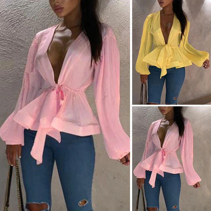 2019 New Women Sexy Deep V-Neck Lace-Up Lantern Sleeve Florescence Summer Beach Tops Shirts |