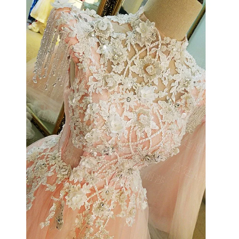 2017 розовые платья с жемчужинами и аппликацией трапециевидной формы для