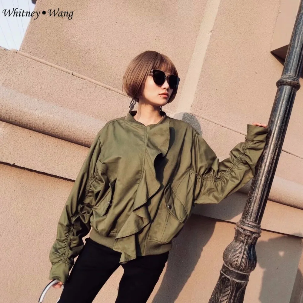 WHITNEY Ван 2018 Демисезонный уличной моды Армейский Зеленый оборками Курточка бомбер