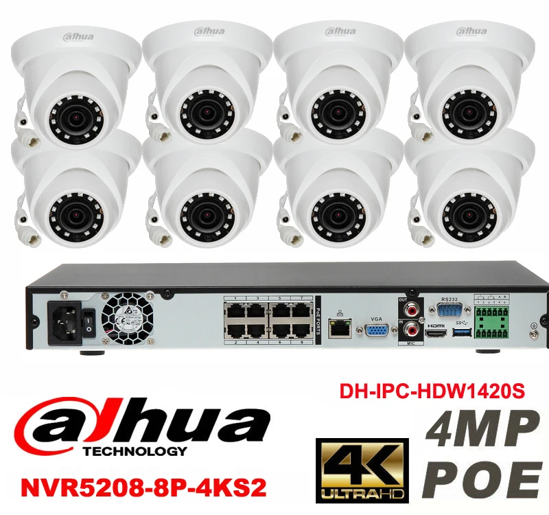 

Dahua original onvif 8CH 4MP H2.64 DH-IPC-HDW1420S 8pcs CCTV Network camera POE DHI-NVR5208-8P-4KS2 Dome IP security camera kit