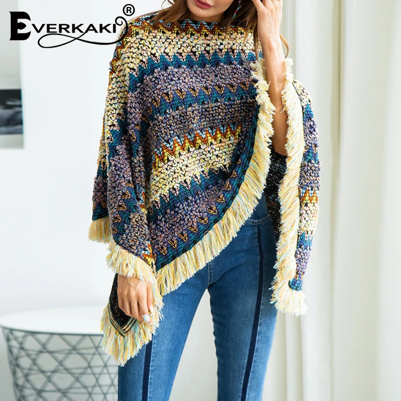 Everkaki Boho вязаный свитер с кисточками шаль женская накидка этнический толстый