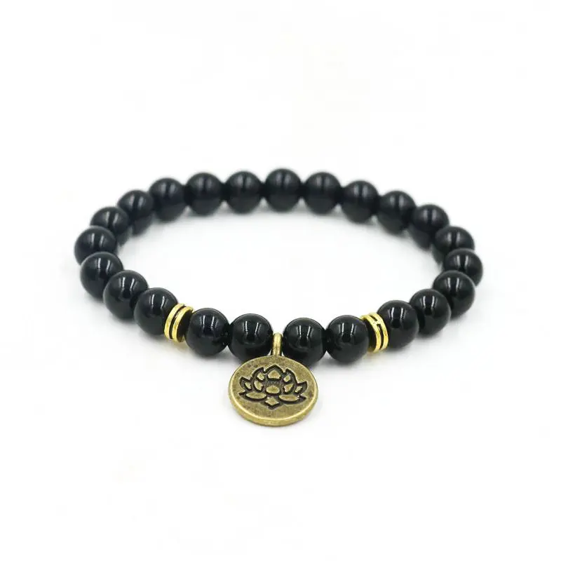 Черный камень оникс браслеты с подвесками серебряным покрытием Ом лотоса Йога
