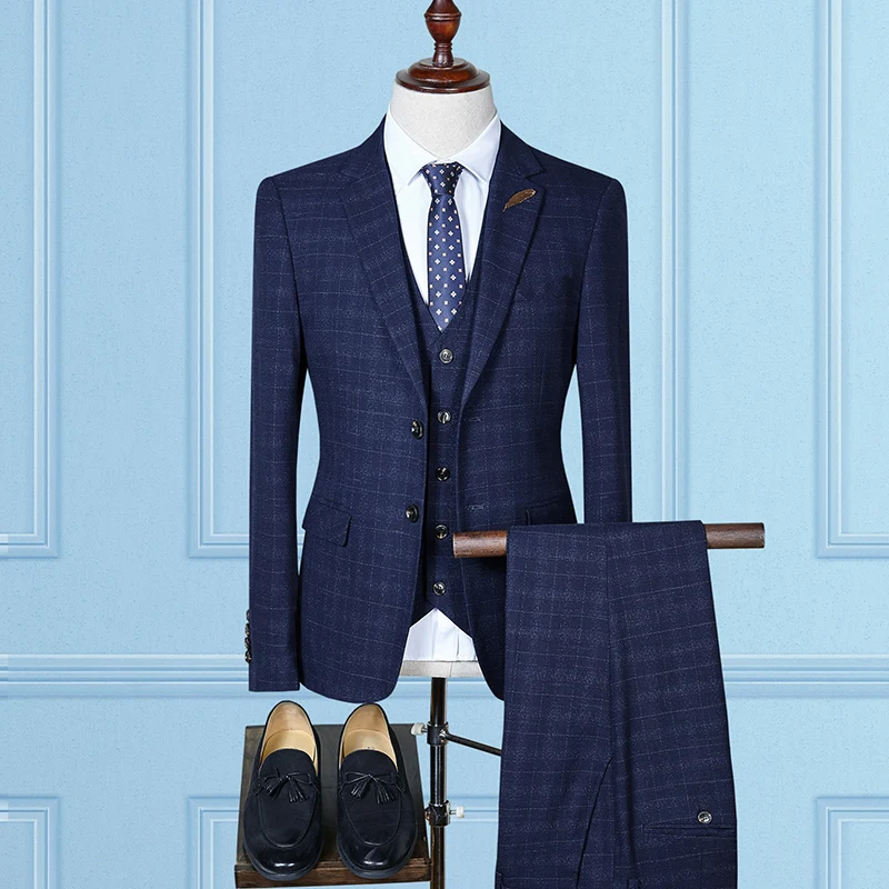 (Куртка + жилет брюки) осень 2017 модный Повседневный шерстяной мужской костюм в