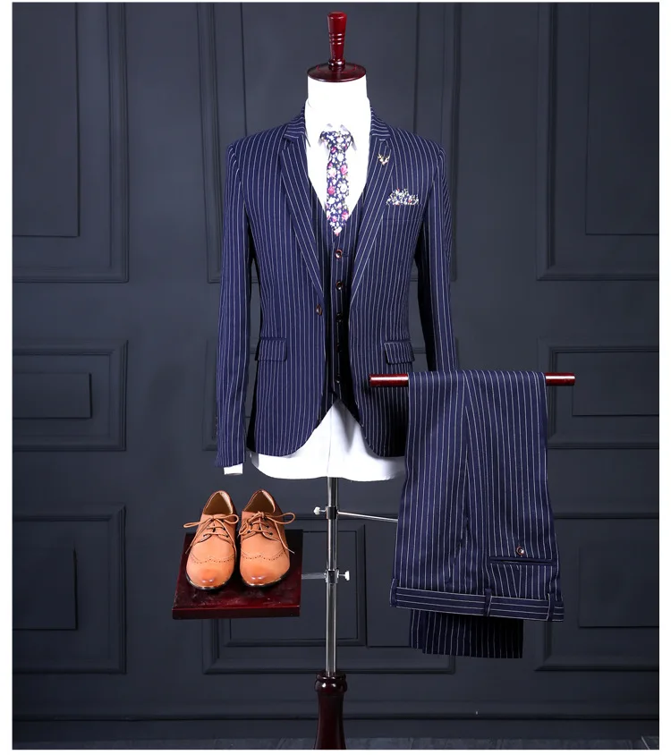 2018 New Blue stripe blazer Groomsmen Suits Slim Fit Mens Wedding Dress Prom Dinner Suit Groom Tuxedos 3piece jacket pant vest | Мужская