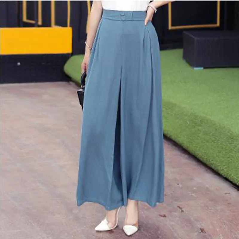 Брюки женские из тонкого хлопка и льна с широкими штанинами высокой талией |