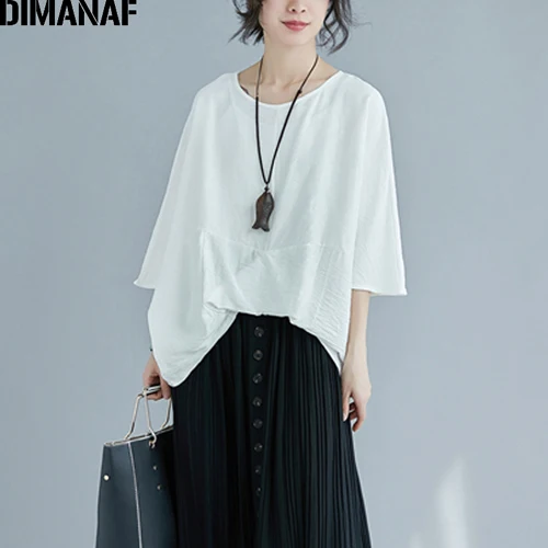 DMN98090CN-bai DIMANAF размера плюс, женская блузка, рубашка, летняя Женская Базовая футболка, хлопок, лен, большой размер, рукав летучая мышь, свободная повседневная женская одежда - Цвет: DMN98090CN-bai