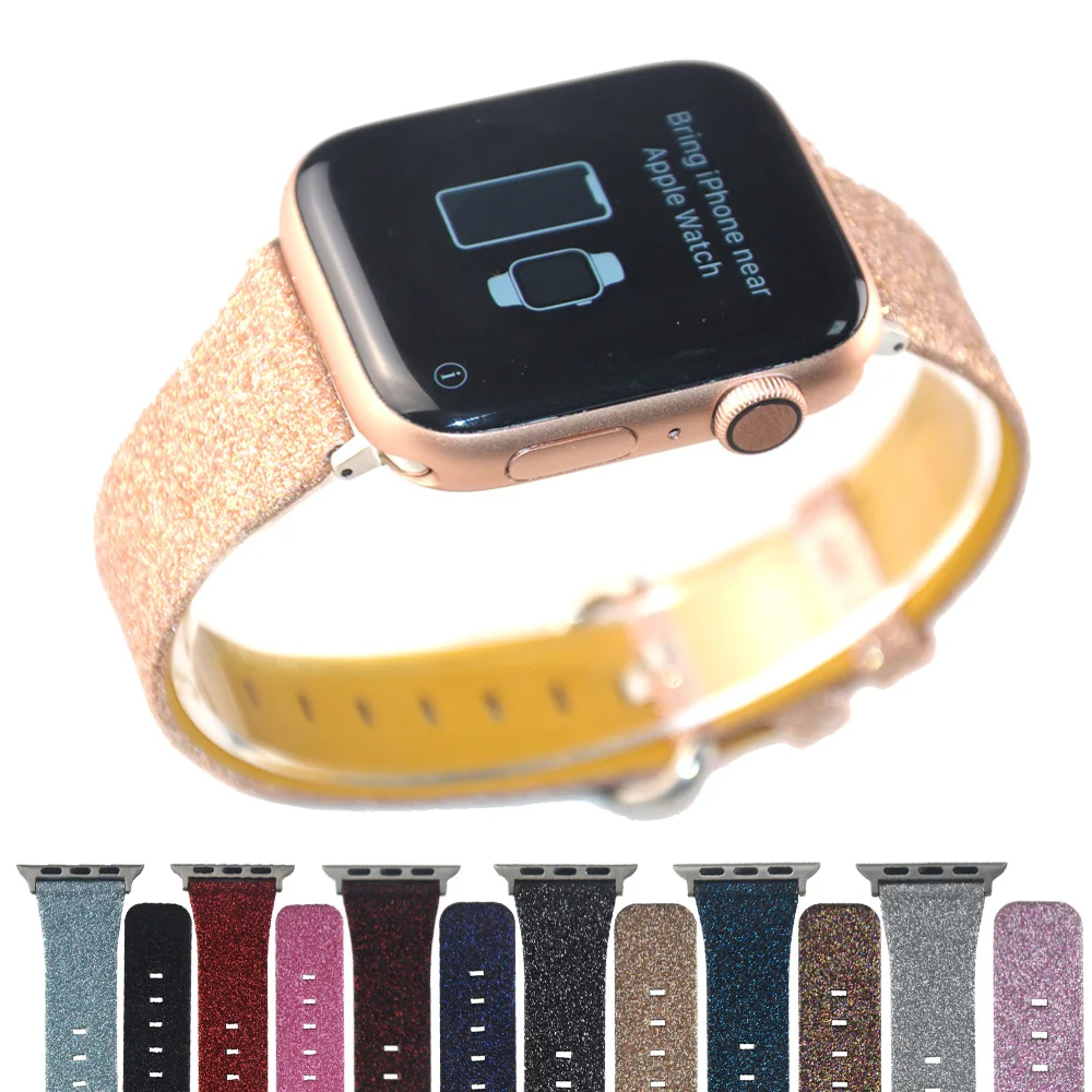 Для Apple Watch Band Series 6 SE 5 4 3 2 38 мм 42 40 44 Блестящий кожаный ремешок для iWatch