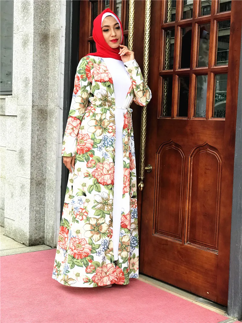 Элегантное мусульманское Макси Платье с принтом Абайи цветочный кардиган