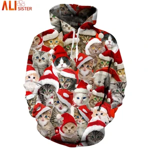 Рождественская Толстовка Alisister с 3d изображением котят и кошек, Мужская толстовка унисекс, худи, топы, праздничная толстовка, Мужской пуловер, спортивный костюм