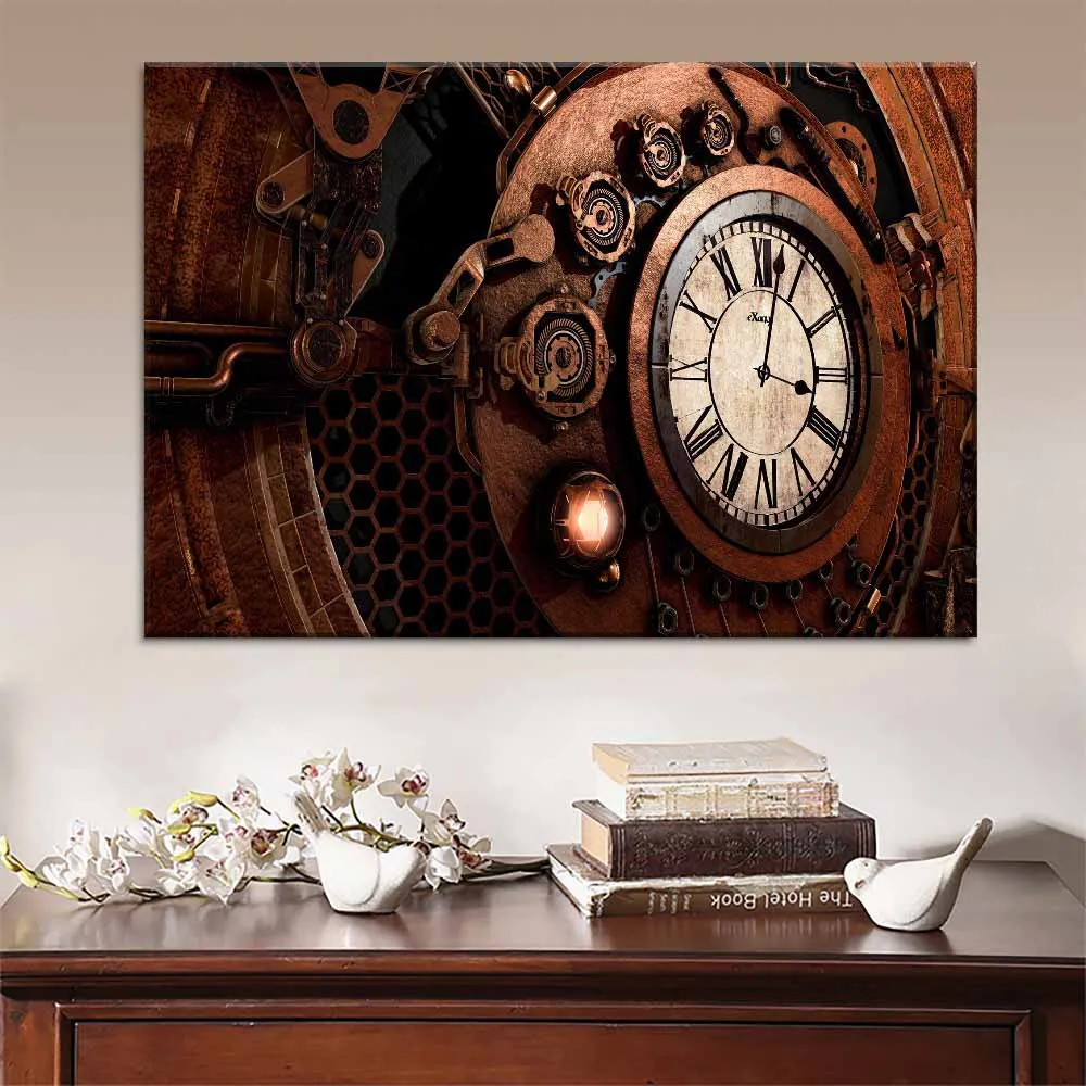 Wall Artwork Modular Home Painting Pictures Hd 5 Panel Printed Retro Steampunk Clock Poster Canvas For Living Room Decor Framed - Цвет: 4