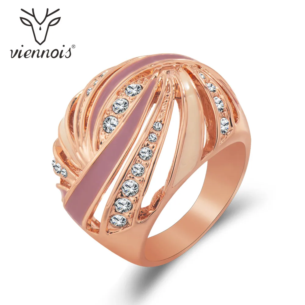 Женские кольца Viennois покрытые розовым золотом с эмалью розовые белые стразы