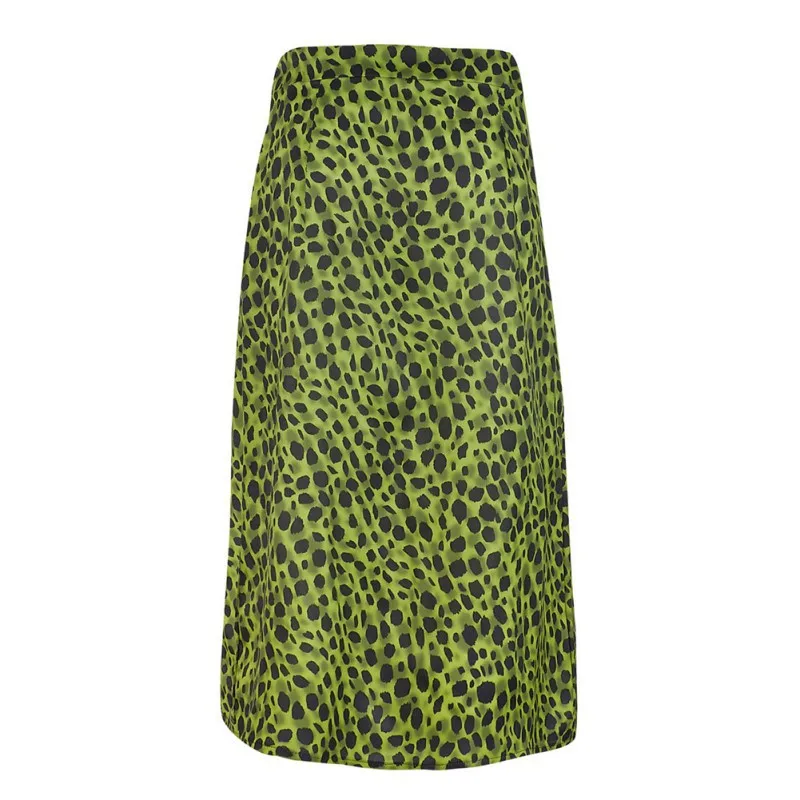 

Lace-Up High Waist Skirt Green Leopard Print Over The Knee Skirt