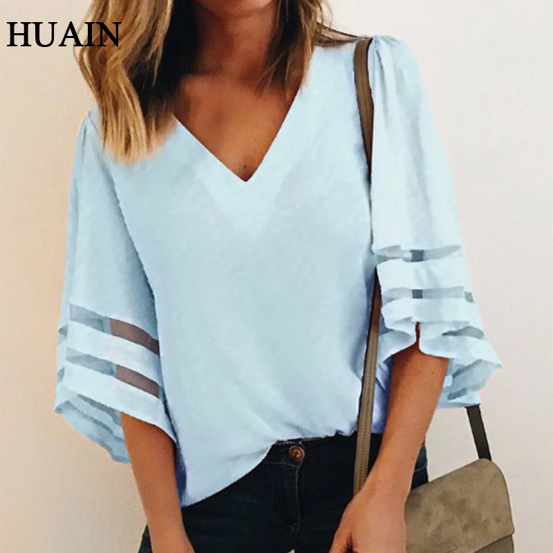 Для женщин Блузки на весну и осень 2018 новая сетка Лоскутная Блузка Европейский