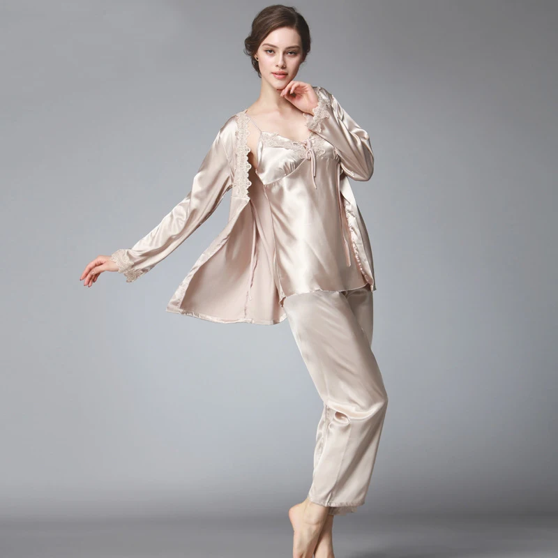 Женская шелковая атласная пижама Женский пикантный комплект из 3 предметов