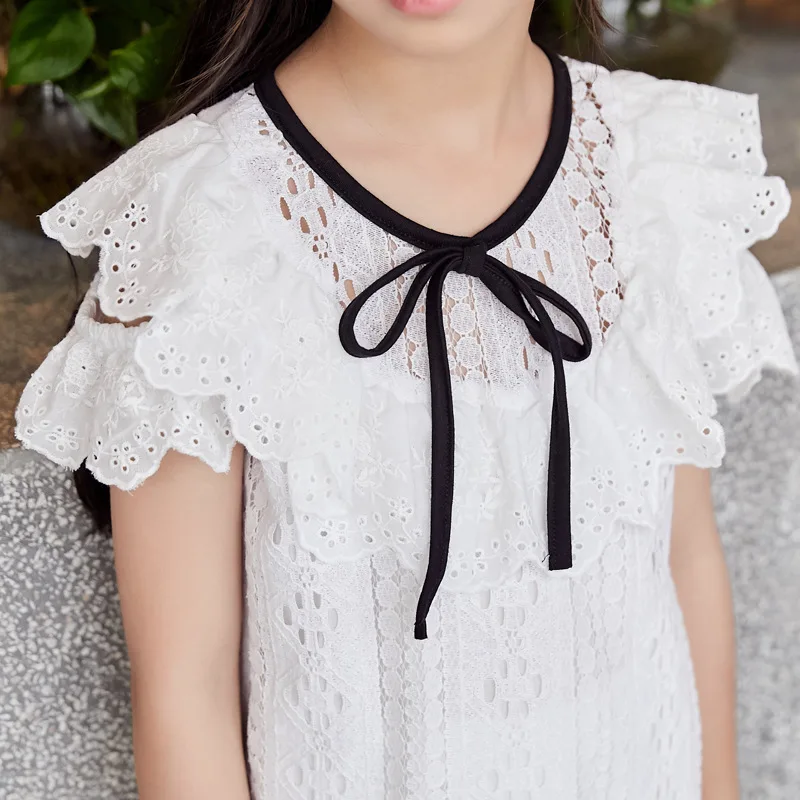 Summer Girls Lace Dress Hollow Flower Princess Teenage Elegant Short Sleeve White For Girl RT388 | Детская одежда и обувь