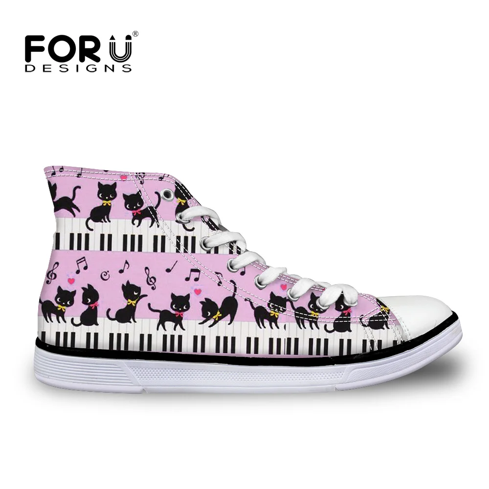 FORUDESIGNS/с рисунком Милая домашняя кошка с пианино, музыка, нота спортивная обувь с высоким берцем, классические, Для женщин холст обувь с подошвой из вулканизированной резины женские Туфли без каблуков