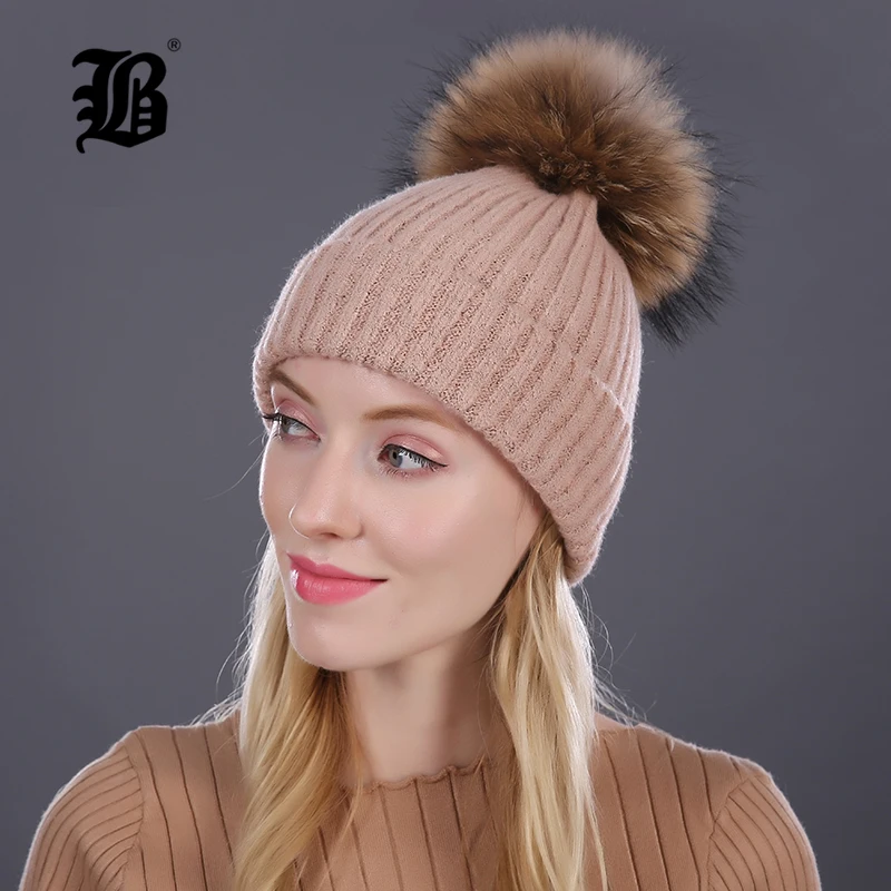 [Flb] зимняя шапка реального норки помпонами женские шляпы девушки шерсть вязаные