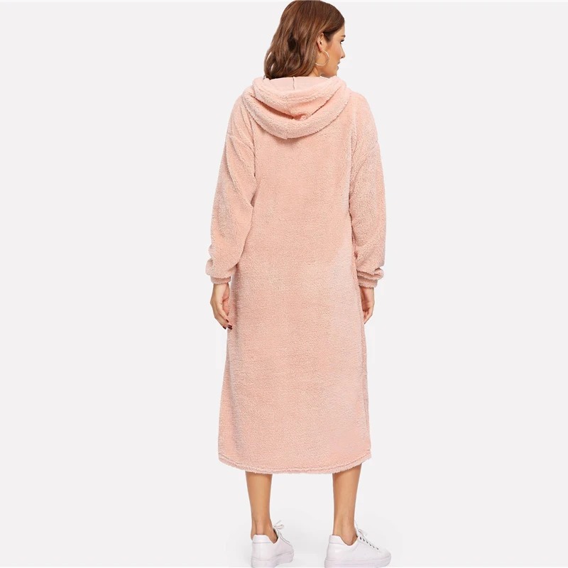 Dotfashion/розовая толстовка с капюшоном и вышитыми буквами, женская одежда, Осеннее модное прямое платье с длинным рукавом