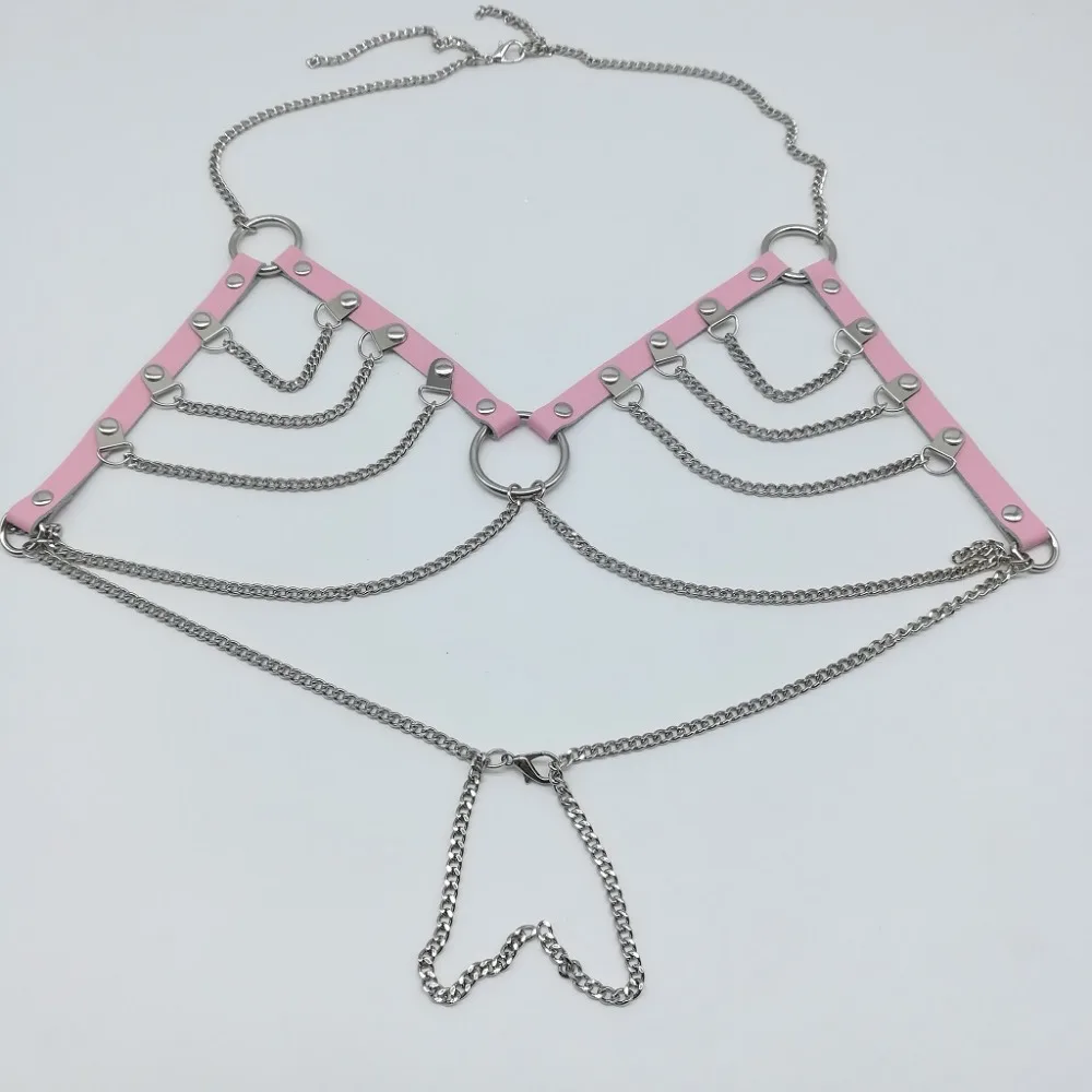 Women sexy Body Bondage Studded Rivet Punk Harness pink Leather metal Chain Handmade female Chest Belt goth Bra O-round | Женская одежда