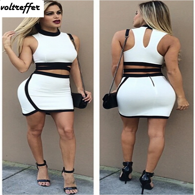 Черно-белое лоскутное Бандажное платье из двух частей мини укороченный топ