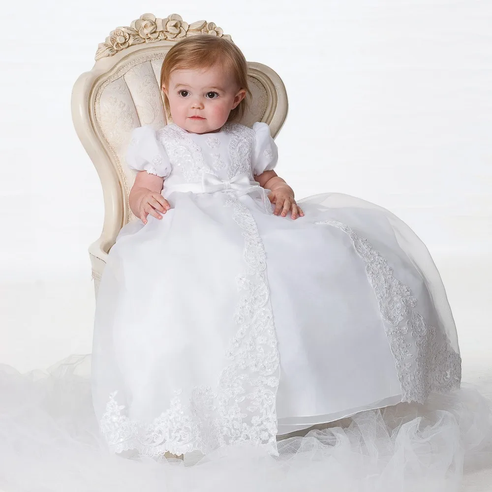 With Hat Baby Girl Christening Dresses Summer Style Puff Short Sleeves Bow Sashes O-Neck Baby Girl Party Baptism Gowns 1 year
