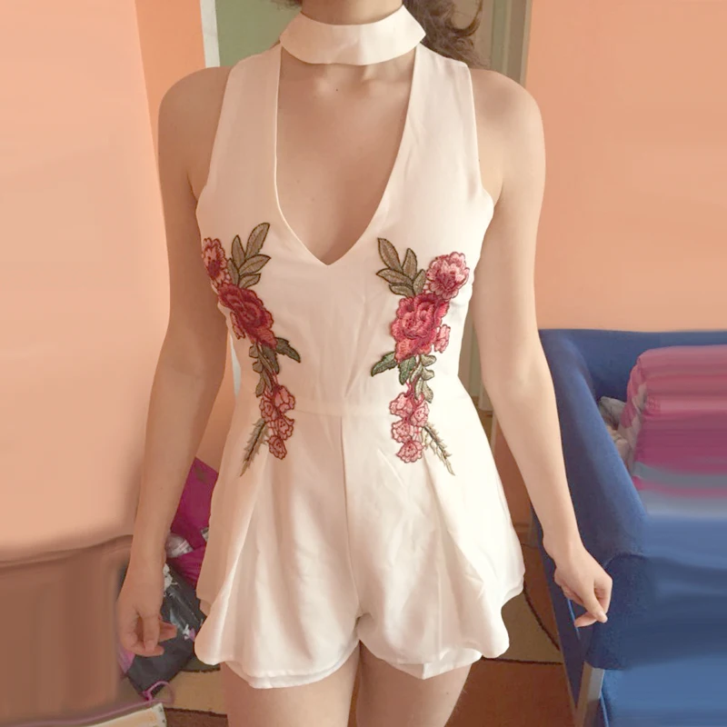 2017 Лето Элегантный V Шеи Роза Цветочной Вышивкой Женщины Комбинезоны Рукавов