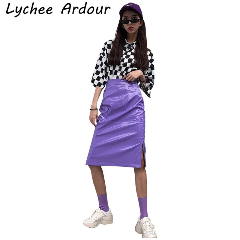 Lychee Ardour PU юбка с Боковым Разрезом фиолетовый сплошной цвет женские длинные юбки