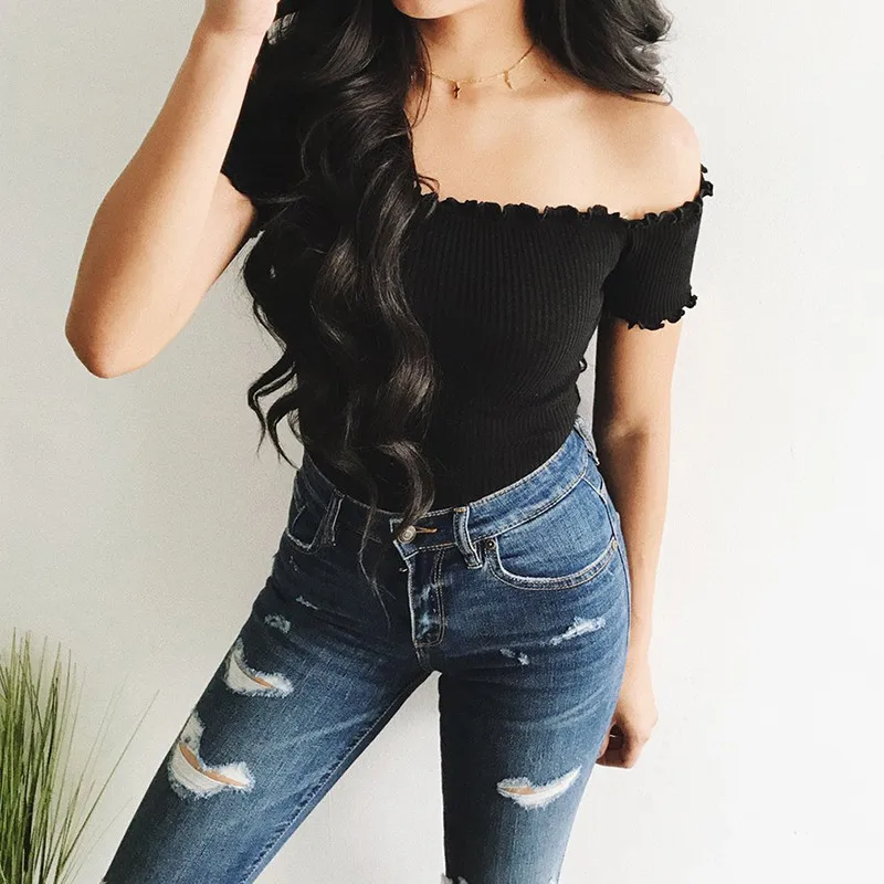summer new 2020 off shoulder tops t shirts hot sale short sleeve solid t-shirts for women clothing fashion slim t-shirt | Женская одежда