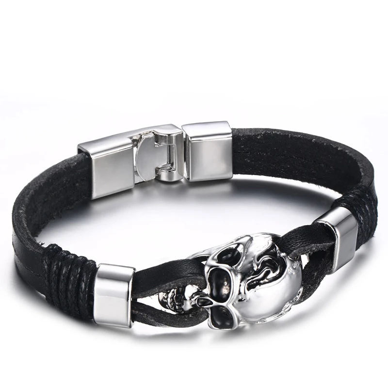 Skute Fashion Men Skull Design Genuine Leather Bracelets Rock Punk Stainless Steel Bracelet Bangles for Hip Hop Jewelry Gift | Украшения и