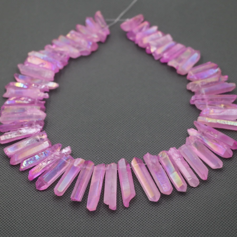 

Approx 54pcs/strand Natural Raw Pink Quartz AB Crystal Point Pendant, Rough Top Drilled Spike Gem Beads Crystal Women Necklace