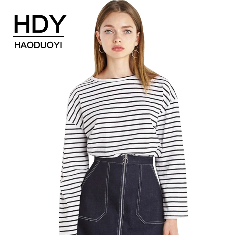 HDY Haoduoyi Одежда Сладкий Полосатый Chic Для женщин футболка весна Повседневное