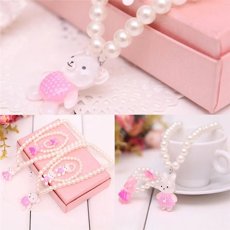 3Pcs/set Cute Kids Rabbit Pearl Necklace Bracelet Earrings Elastic Girls Fashion Princess Pink Children Kawaii Jewelry | Украшения и