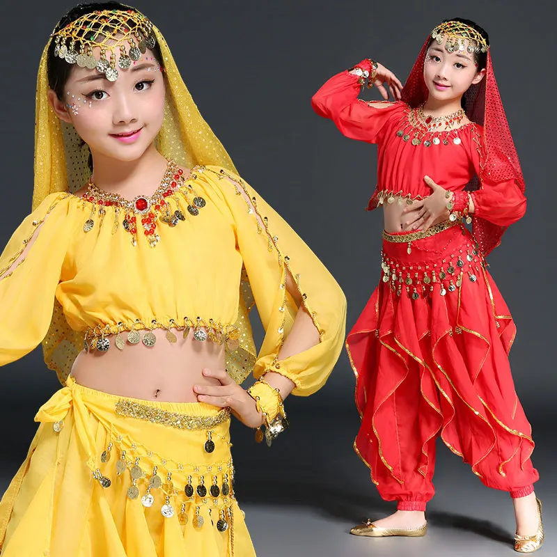 Детский индийский костюм для танца живота комплект из 5 предметов (Топ пояс брюки